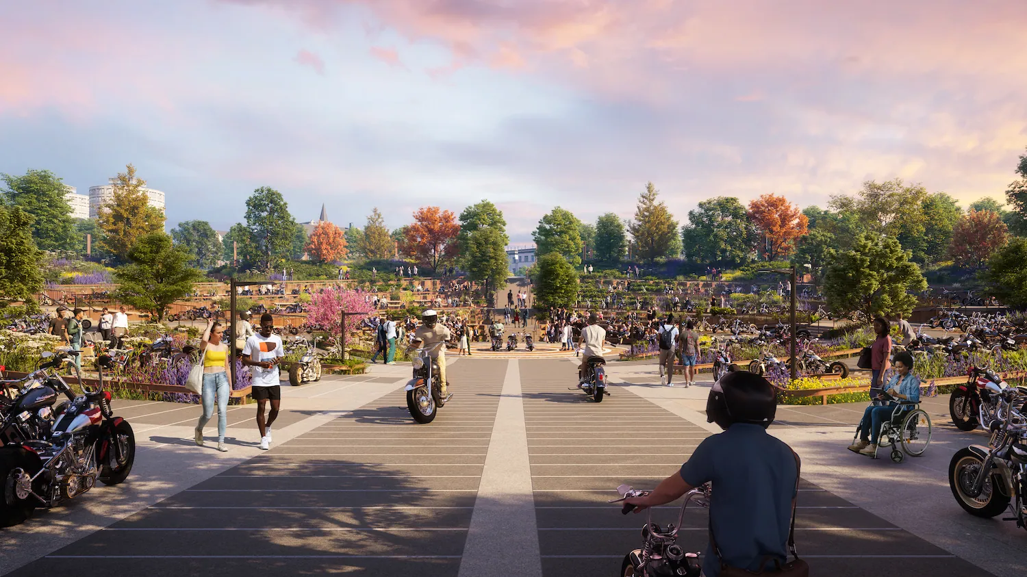 rendering of people in a park at harley-davidson hq.