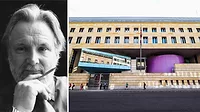 portrait of architect michael wilford and a building designed by him