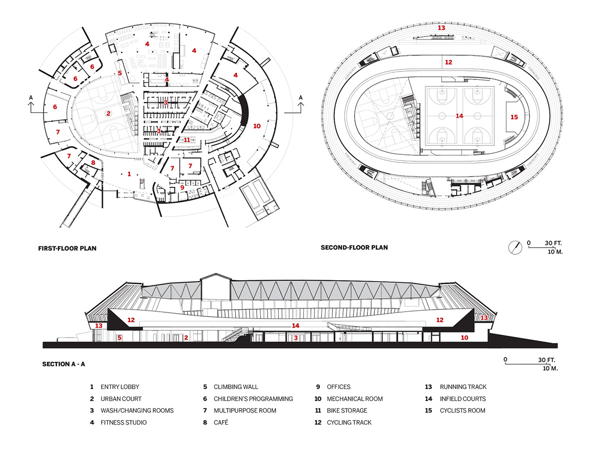 Plans and section drawings for Coronation Park Sports and Recreation Centre