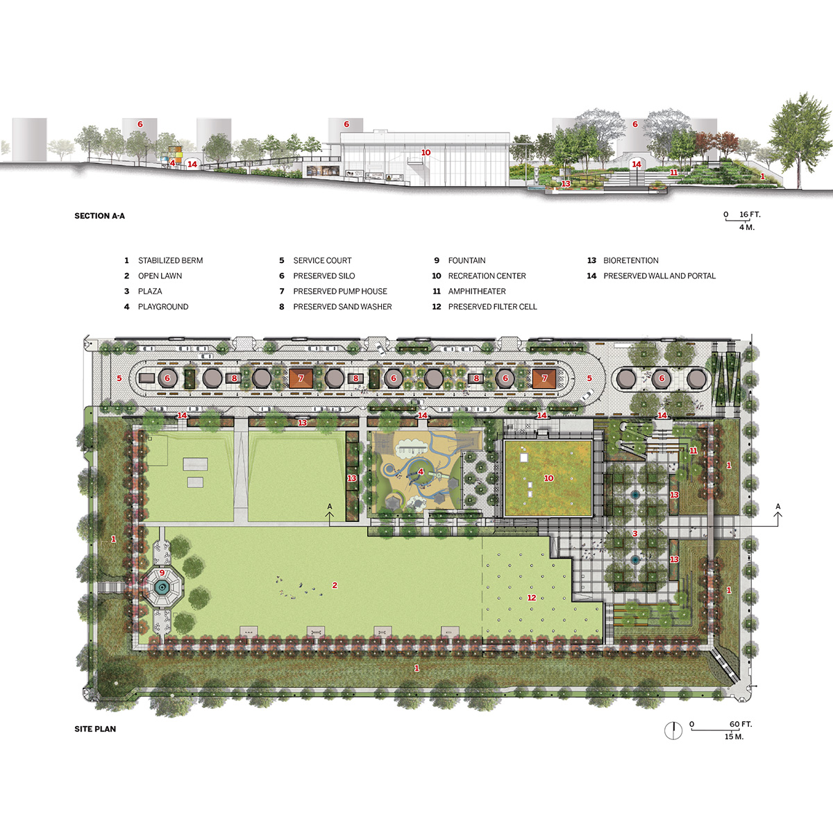 Reservoir Park and Recreation Center site plan and section drawings