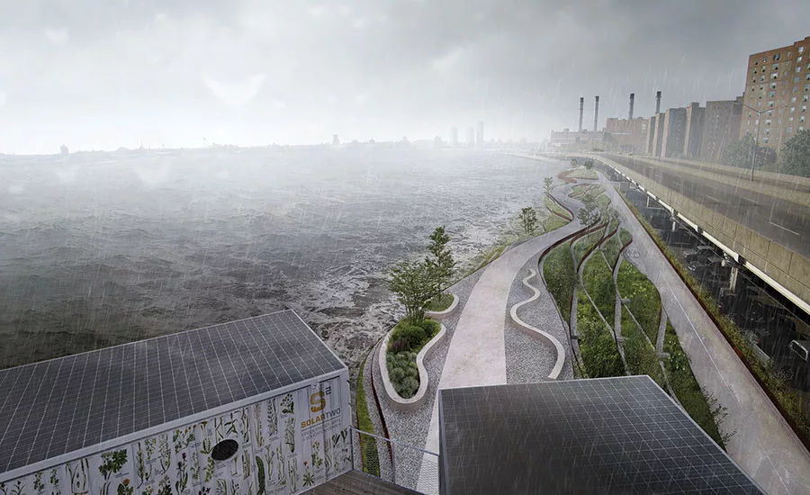 CEU Coastal ResilienceA redesigned Stuyvesant Cove Park will serve as a storm buffer, with landscape features that can survive inundation. Rendering courtesy Bjarke Ingels Group