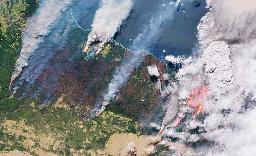 The Copernicus Sentinel-2 satellite captured this image of smoke and flames from bushfires in Australia on December 31, 2019.