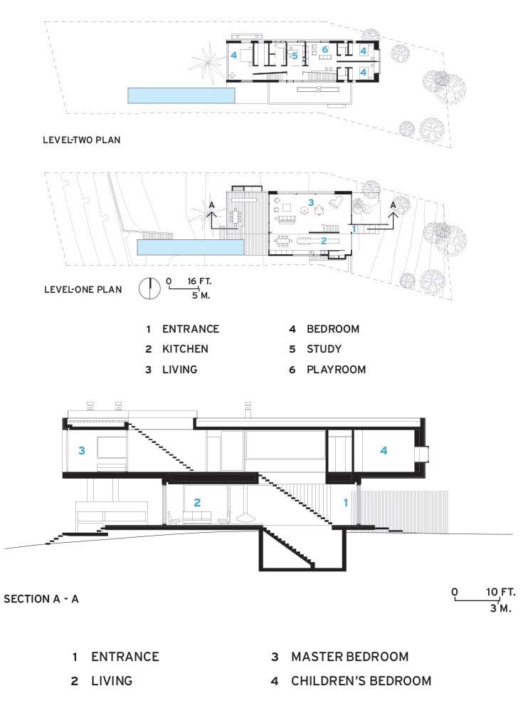Casa G's floor plans and section.