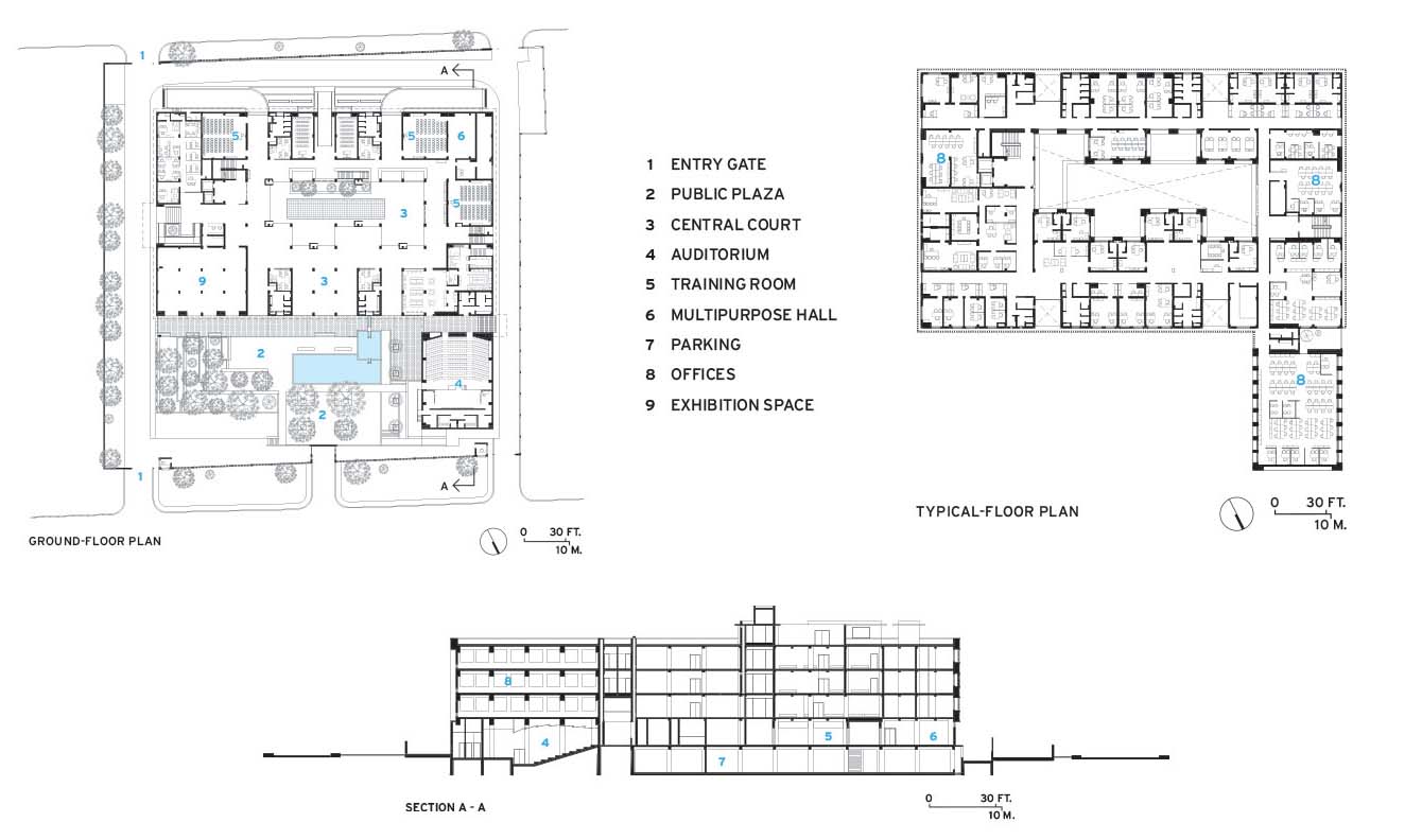The Krushi Bhawan plans and section.