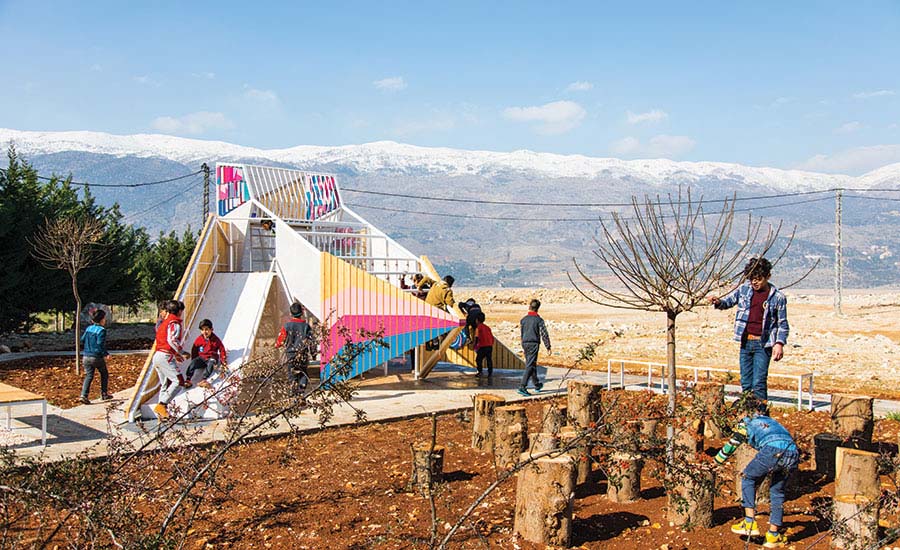 The playground in Qaraoun frames views of Mount Lebanon.