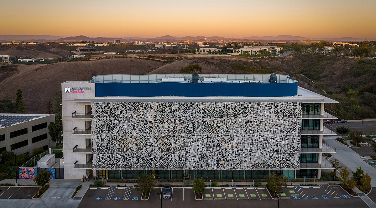 Alexandria GradLabs Building with Perforated ALUCOBOND at Dusk.