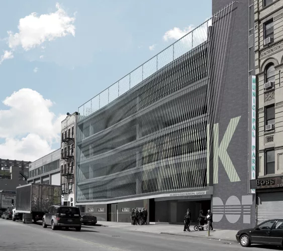 Charged with rehabilitating a municipal parking facility on Manhattan's Lower East Side, the architects draped the structure's east-facing facade in cables made of a lightweight composite metal sheath