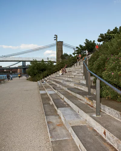 Designed by Michael van Valkenburgh Associates, Brooklyn Bridge Park's 85 acres will eventually span the East River waterfront near the Brooklyn Bridge. A 'stairway to nowhere' is a great spot for tak