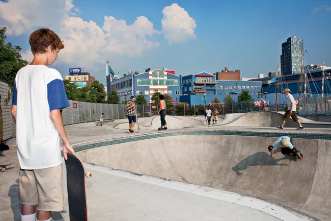 This 15,000-square-foot skatepark in Chelsea was designed and built by California Skateparks/Site Design Group. Constructed on a pile-supported marine platform, the designers used structural foam to c