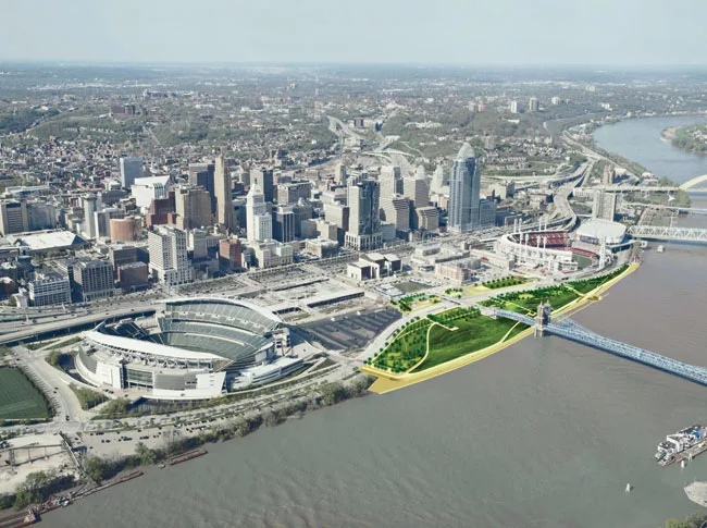 In Cincinnati, the first phase of a waterfront park recently opened. When the second phase is completed, a 45-acre swath of green will link the Paul Brown Stadium and the Great American Ball Park.
