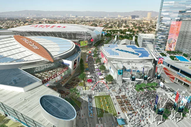 The proposed Farmers Field football stadium designed by Gensler would join a sports-and-entertainment district in Los Angeles.