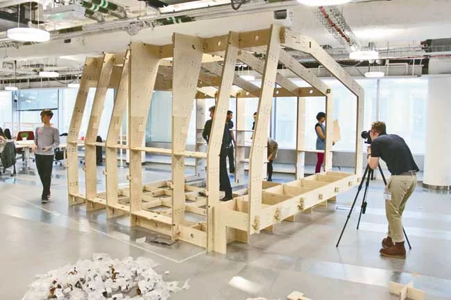 Components of the WikiHouse building system by London based 00:/ can be downloaded and “printed” using a CNC milling device and then assembled. The firm has built five prototypes s
