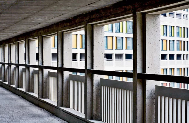 One of Park Hill's key features is its open corridors, or 'streets in the sky,' which occur every three floors.
