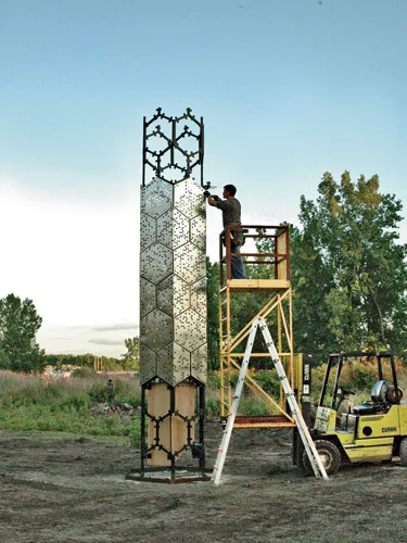 The winner of the University at Buffalo's Hive City competition, Elevator B provides a new home for a colony of honeybees relocated from an abandoned office building. The 22-foot-tall stee