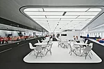 Hitoshi Abe drew employees to Building 225, at the northern end of the complex, by creating a futuristic caf&eacute; with a lounge on the side facing the plaza  and an assembly room called the Forum o