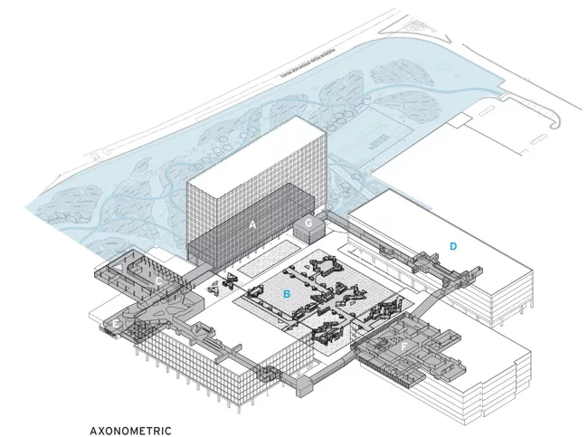 A. Building 220 / Visitor entrance<br />B. Plaza<br />C. Building 222 / Employee mall and private dining<br />D. Building 223 / Green hub and blue hub<br />E. Building 224 / Employee entrance, red hub
