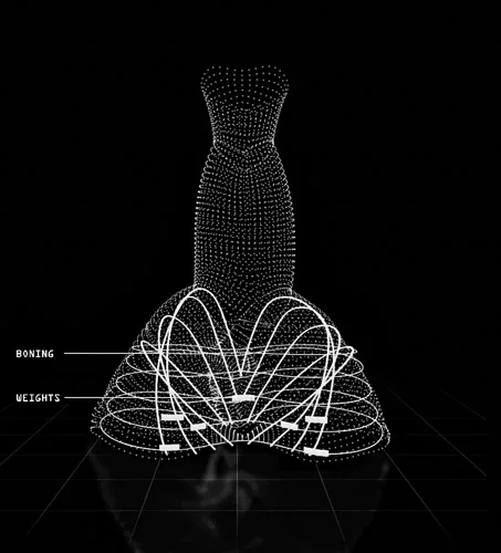 The <em>Lampshade Evening Dress</em> is supported by concentric and transverse boning.