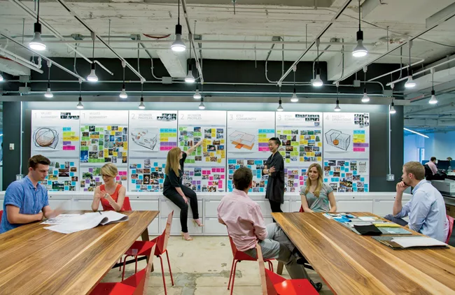 On the seventh floor of its New York offices, Gensler has created numerous places for its staff to experiment with design ideas to propose to clients. In the pinup area, long tables with stackable cha