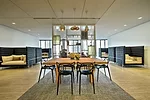 For the law offices of Seyfarth Shaw in Houston (2014), the Rottet Studio designed lounges to function as meeting or study spaces, since the firm does not have a library. The high-backed settees allow