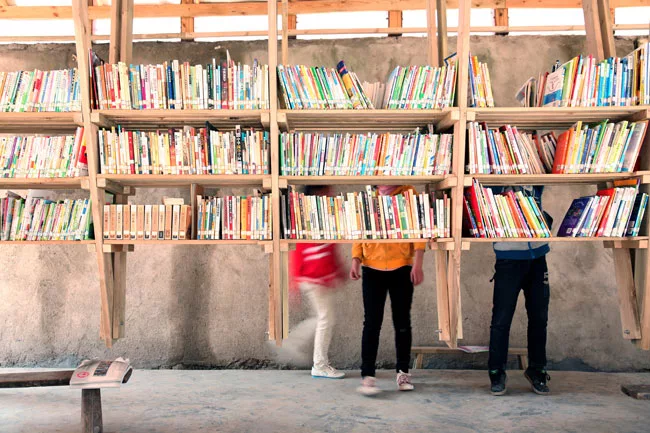 Bookshelves inside the library.