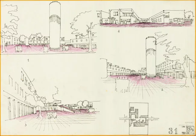 Perspective of public plazas, Proyecto Experimental de Vivienda (PREVI), Lima, Peru, by Rafael Esguerra, Alvaro Sáenz, and Germán Samper (1969).