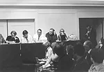 The State of Art of Architecture symposium at the Graham Foundation, Chicago, October 1977; (left to right) Peter Eisenman,  Stanley Tigerman, William Turnbull, James Stirling, Ben Weese, and Timothy 