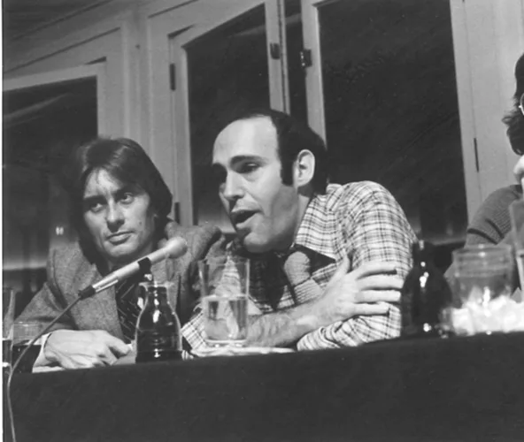The State of Art of Architecture symposium at the Graham Foundation for Advanced Studies in the Fine Arts, Chicago, October 1977; Helmut Jahn (left), Stuart Cohen (right).