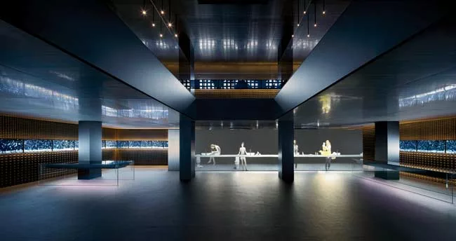 The gallery's ground floor includes 10 interactive installations devoted to subjects that are important to the company, such as design, water, and tech'nology. Motion sensors detect visitors' location