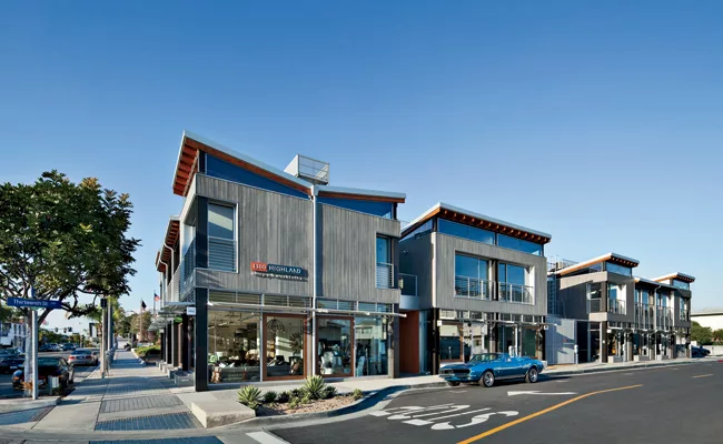 This 'urban village' of five buildings has a beachy look outside and light-filled, loftlike office spaces inside. Surfboard and bicycle storage, in addition to a spa, locker rooms, and other basement
