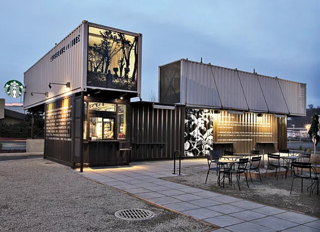 Four shipping containers were used to construct the 'Reclamation Drive-Thru' facility, which opened in December 2011 on a vacant lot in Tukwila, Washington.