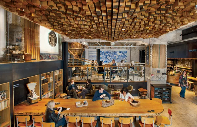 In February, Starbucks unveiled 'The Bank' in Amsterdam, the company's first concept store in Europe. Notable features include oak furnishings and a ceiling installation made of 1,876 hand-cut wooden