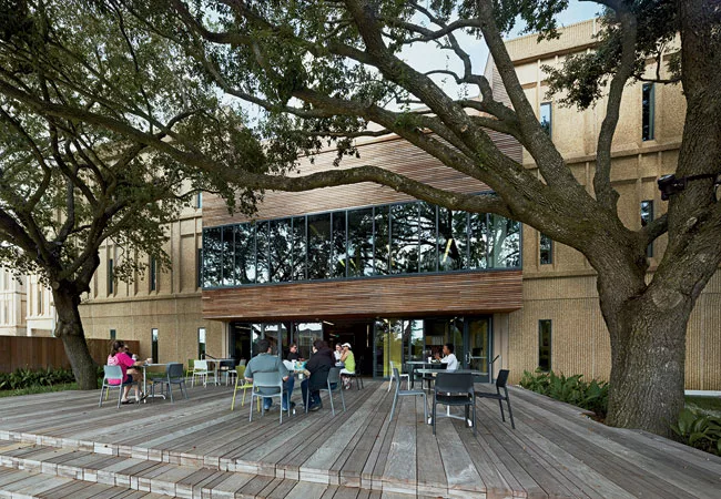 The design team transformed the precast-concrete former data center with a glazed courtyard; a shaded patio for outdoor lunches; and bleachers edged by stairs that provide a friendly spot for company