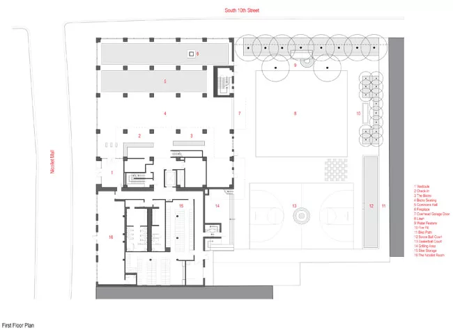 1 Vestibule<br />2 Check-In<br />3 The Bistro<br />4 Bistro Seating<br />5 Commons Hall<br />6 Fireplace<br />7 Overhead Garage Door<br />8 Lawn<br />9 Water Feature<br />10 Fire Pit<br />11 Bike Path