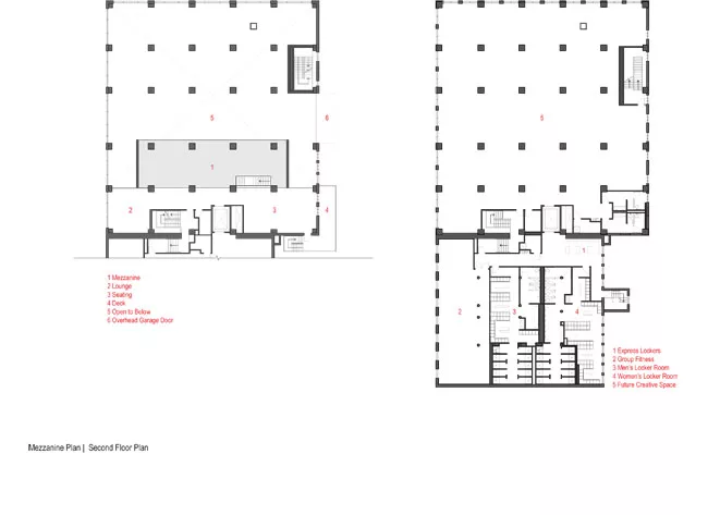 1 Express Lockers<br />2 Group Fitness<br />3 Men’s Locker Room<br />4 Women’s Locker Room<br />5 Future Creative Space