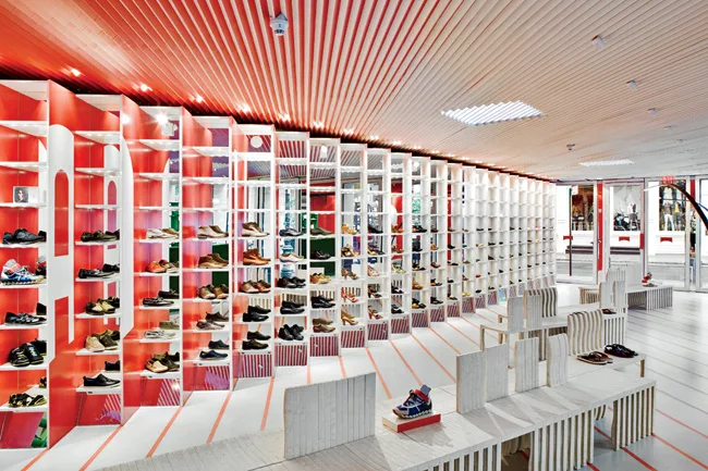 The Pritzker Prize laureate transformed a single-story 1970s building—saved from potential demolition—into a handsome “house of shoes.” Crowned by a pitched roof made of Ban&rs