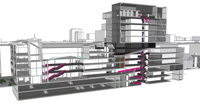 Section showing integration of 2012 expansion (right) with existing 1995 building (left)