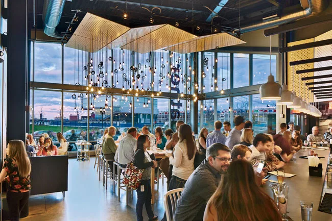 The restaurant has a view of the Institute of Contemporary Art, Boston.