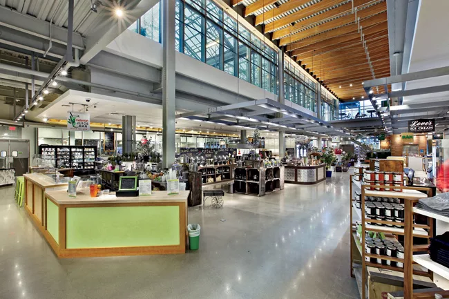 Event spaces look down into the market activity below.