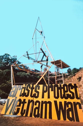 The Peace Tower, by Mark di Suvero and other activists, was erected in L.A. in 1966, galvanizing opposition to the Vietnam War. The photo is part of a Getty Center exhibition.