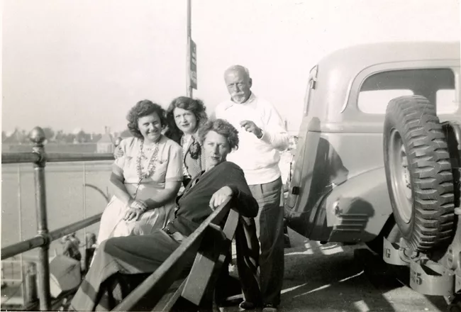 Esther McCoy (foreground) at Santa Monica Pier with her husband, Berkeley Tobey, and Vera and Helen Dreiser (niece and wife of Theodore), 1949.