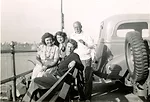 Esther McCoy (foreground) at Santa Monica Pier with her husband, Berkeley Tobey, and Vera and Helen Dreiser (niece and wife of Theodore), 1949.