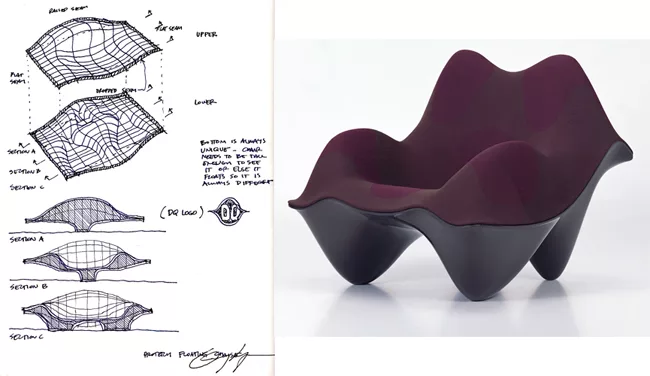 Greg Lynn sketches by hand, but typically after first digitally modeling an idea. In his drawing of the Ravioli Chair, designed for Vitra, he describes form with a gridlike mesh.