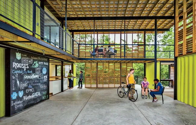 Students at Tulane's design-build program converted a former New Orleans golf course into the 4-acre Grow Dat Youth Farm, which includes a 6,000-square-foot education center made f