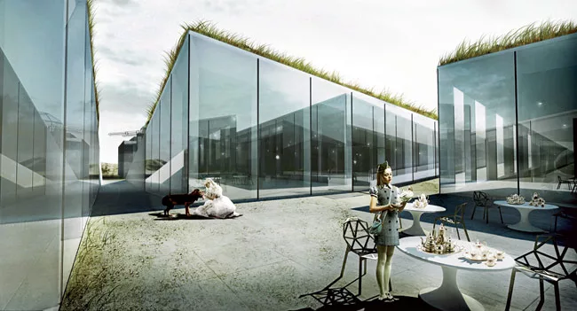 According to Bjarke Ingels Group, their 2012 museum proposal for a former WWII fortress in Denmark is “a light and easy antithesis of bunker architecture.” The rendering—replete with
