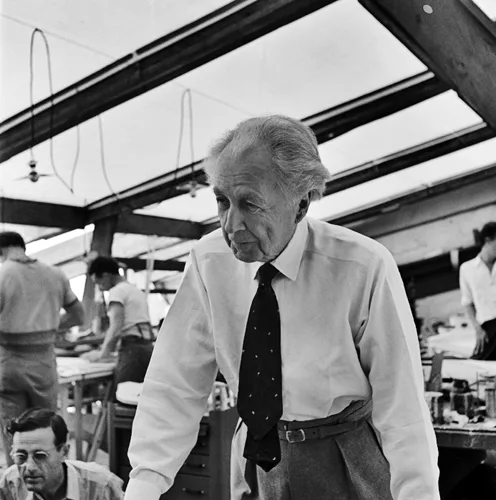 The exhibition is devoted to the city planning and skyscrapers of Frank Lloyd Wright, shown left in 1945.