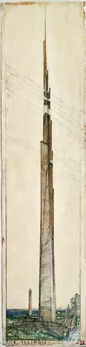 The exhibition devoted to the city planning and skyscrapers of Frank Lloyd Wright features several drawings of his Mile High Illinois, Chicago Project (1956), one of which stretches to 105 inches, and