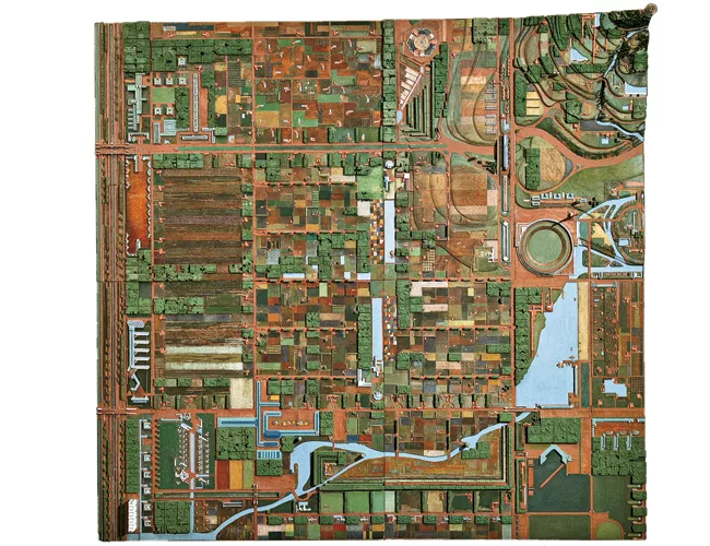 The Broadacre City Project, 1934–35, is dramatically presented by a model, 12½ feet square, in the middle of the gallery at the Museum of Modern Art.With polychromed wood, cardboard, and pa