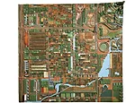 The Broadacre City Project, 1934–35, is dramatically presented by a model, 12½ feet square, in the middle of the gallery at the Museum of Modern Art.With polychromed wood, cardboard, and pa