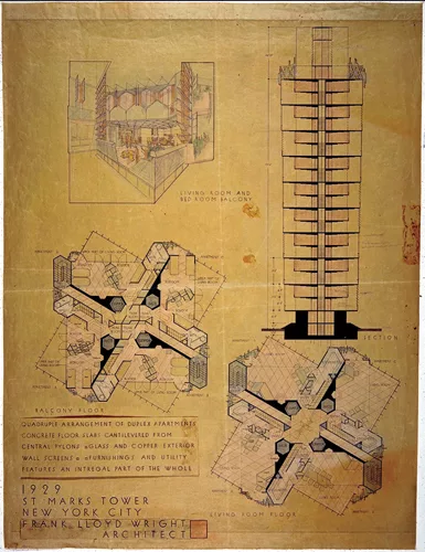 Also on display are drawings for St. Mark’s-in-the-Bouwerie, 1927–31, where a section, a perspective cutaway, and a floor plan of a duplex apartment building is shown in ink, pencil, and c