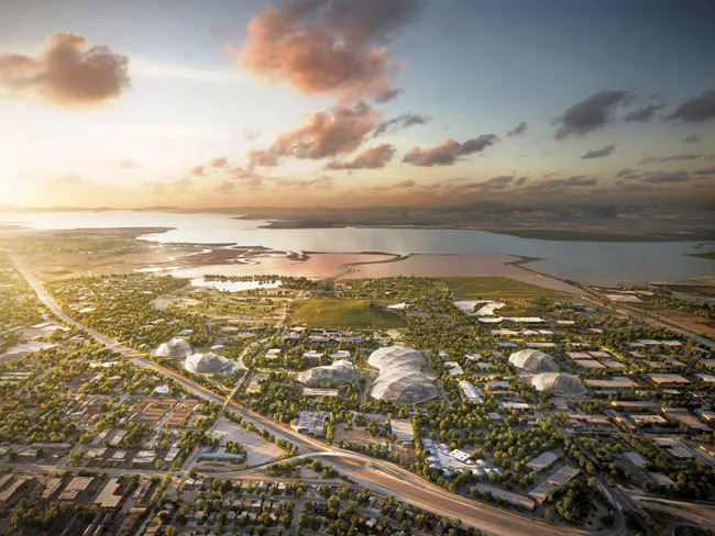 The enormous tentlike structures would stand outside the stacked workplace modules and admit daylight and allow ventilation. The tent membrane is designed as a lightweight two-layer system with an ins